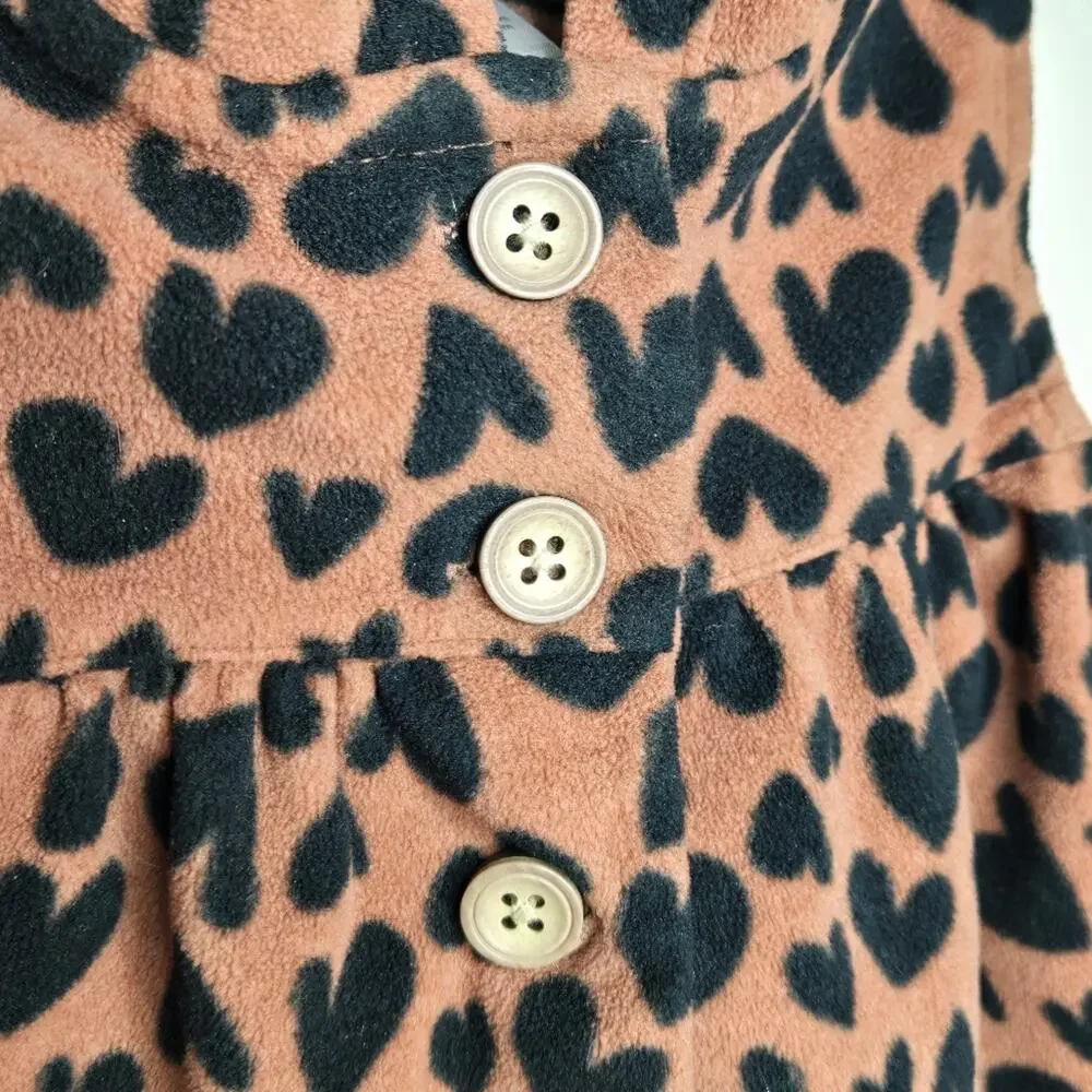 CARTERS Leopard-like Black Heart Print on Brown Fleece Hooded Sleeveless Jacket